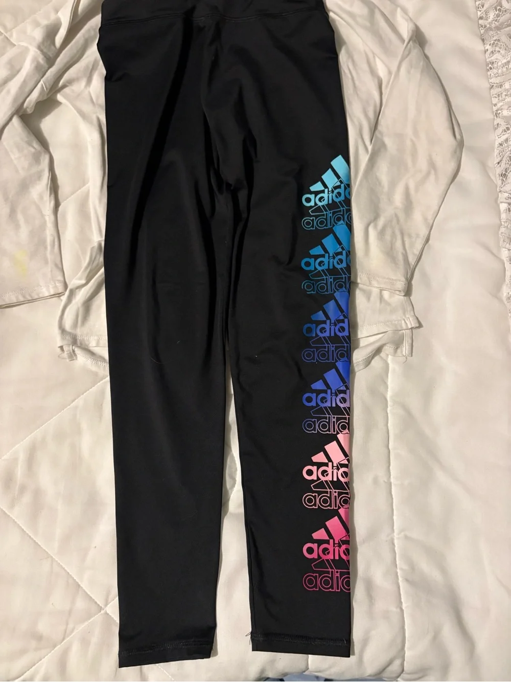 adidas Kids White Hoodie Top with Rainbow Logo & Black Leggings